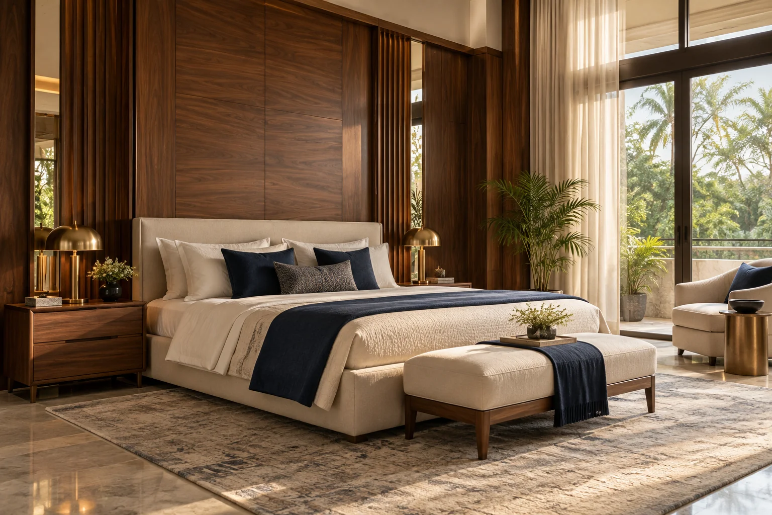 Illustrative interior: Premium bedroom with an upholstered bed and bespoke walnut woodwork