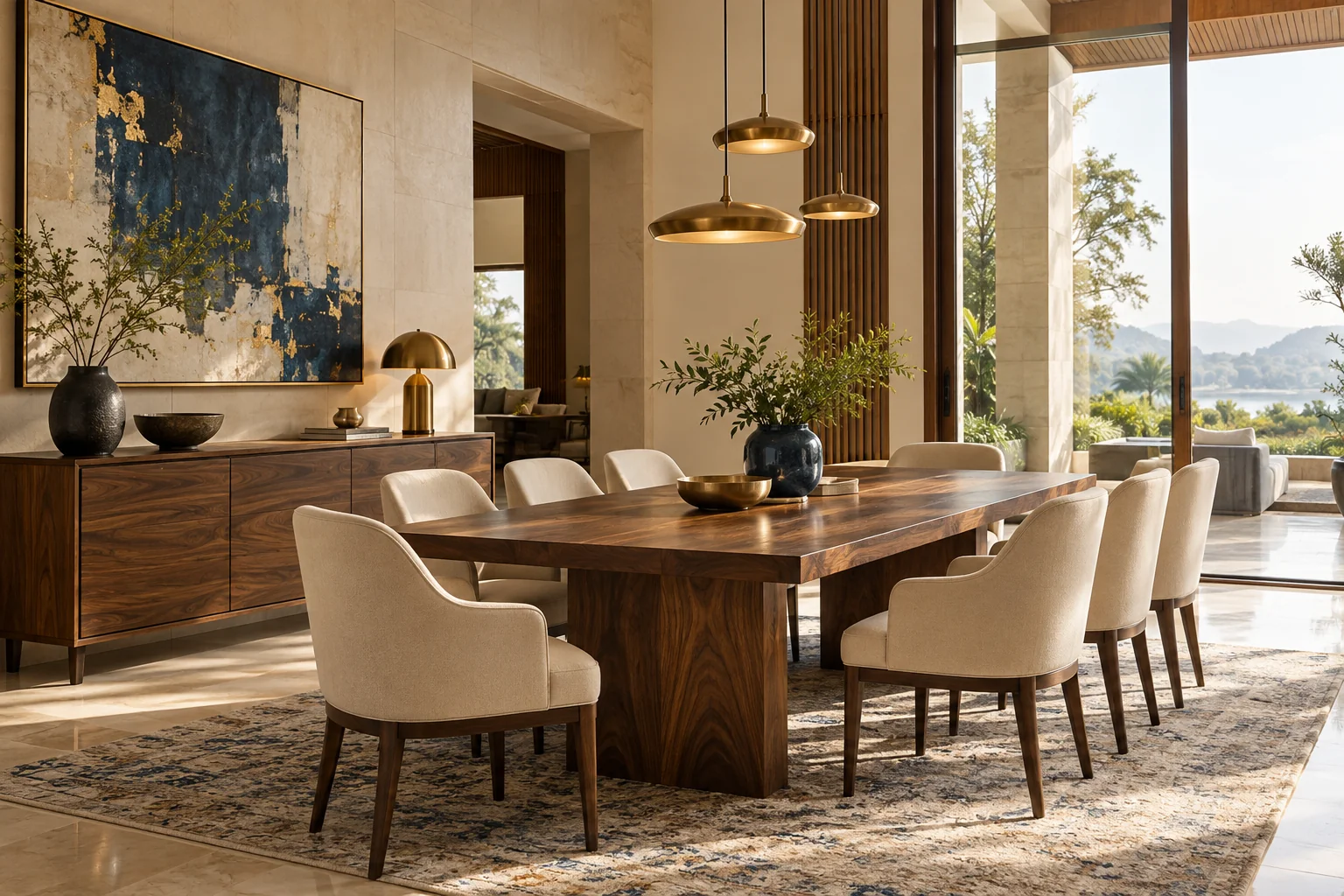 Illustrative interior: Luxury dining room with a wooden dining table and upholstered chairs
