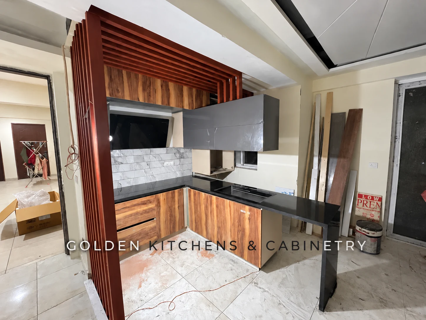 Woodgrain kitchen during installation