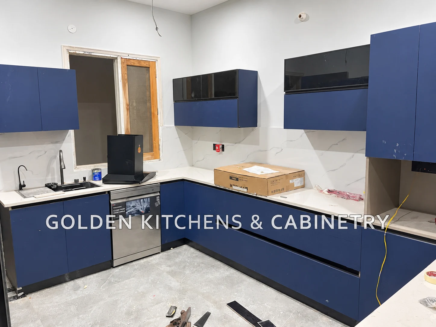 Blue kitchen during installation