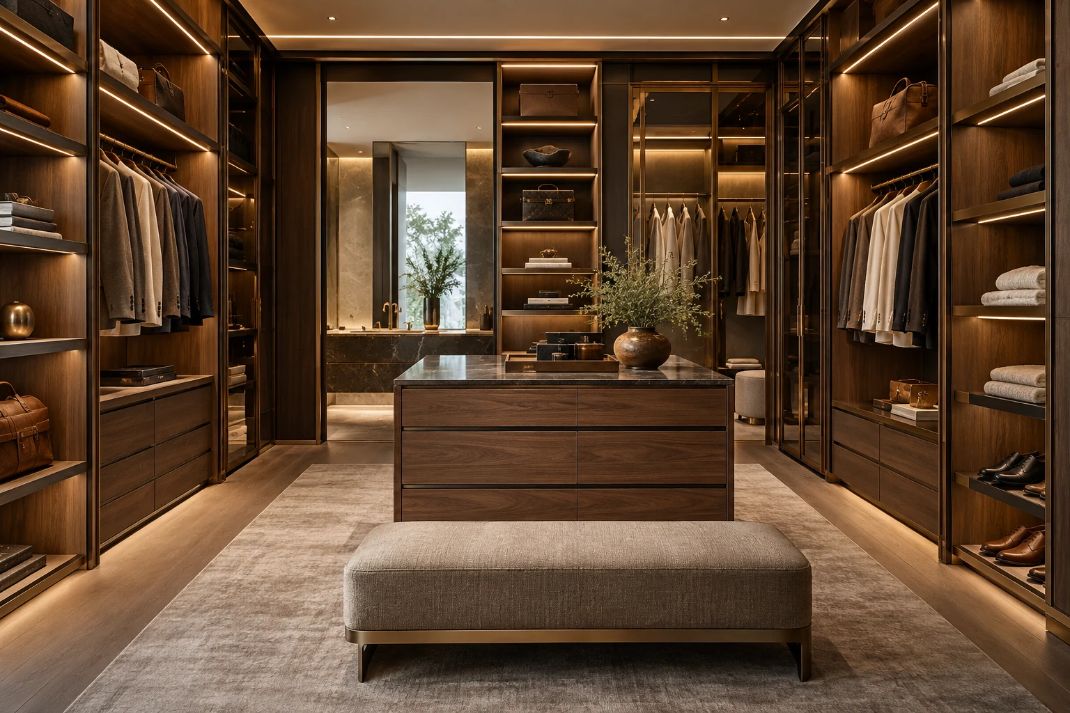 Illustrative interior: Luxury walk-in wardrobe with walnut cabinetry and illuminated shelving
